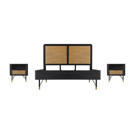 Armen Living Saratoga 3 Piece Queen Bedroom Set in Black Acacia Wood and Rattan SETSRBDQN3A
